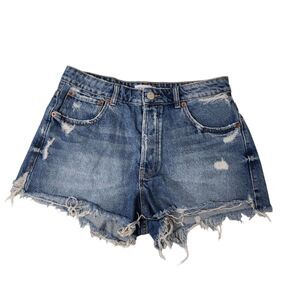 Zara Shorts 8 Blue Cut-Off Raw Hem High Riss Boho Button Fly Bloggers Fave Y2K